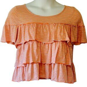 Anthropologie Postmark Tiered Ruffled Top Iridescent Orange and Grey Stripe  L
